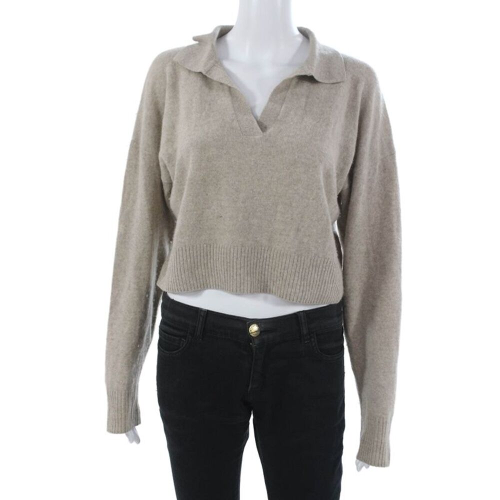 Caara Women Wool Pullover Sweater Collared Beige Long Sleeve Size S